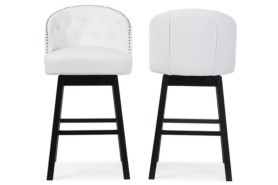 Baxton Studio Avril Modern and Contemporary White Faux Leather Tufted Swivel Barstool with Nail heads Trim (Set of 2)