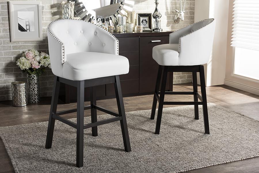 Baxton Studio Avril Modern and Contemporary White Faux Leather Tufted Swivel Barstool with Nail heads Trim (Set of 2)