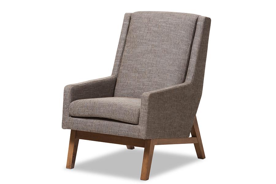 Baxton Studio Aberdeen Mid-Century Modern Walnut Wood Finishing and Gravel Fabric Upholstered Lounge Chair