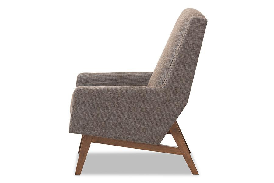 Baxton Studio Aberdeen Mid-Century Modern Walnut Wood Finishing and Gravel Fabric Upholstered Lounge Chair