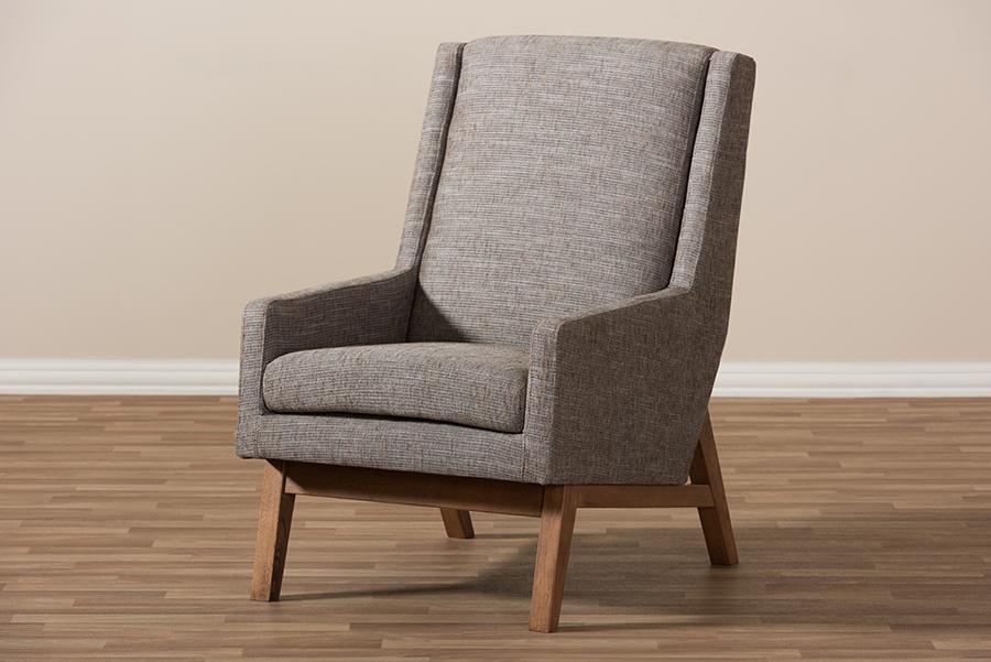 Baxton Studio Aberdeen Mid-Century Modern Walnut Wood Finishing and Gravel Fabric Upholstered Lounge Chair