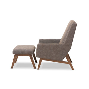 Baxton Studio Aberdeen Mid-Century Modern Walnut Wood Finishing and Gravel Fabric Upholstered Lounge Chair and Ottoman Set