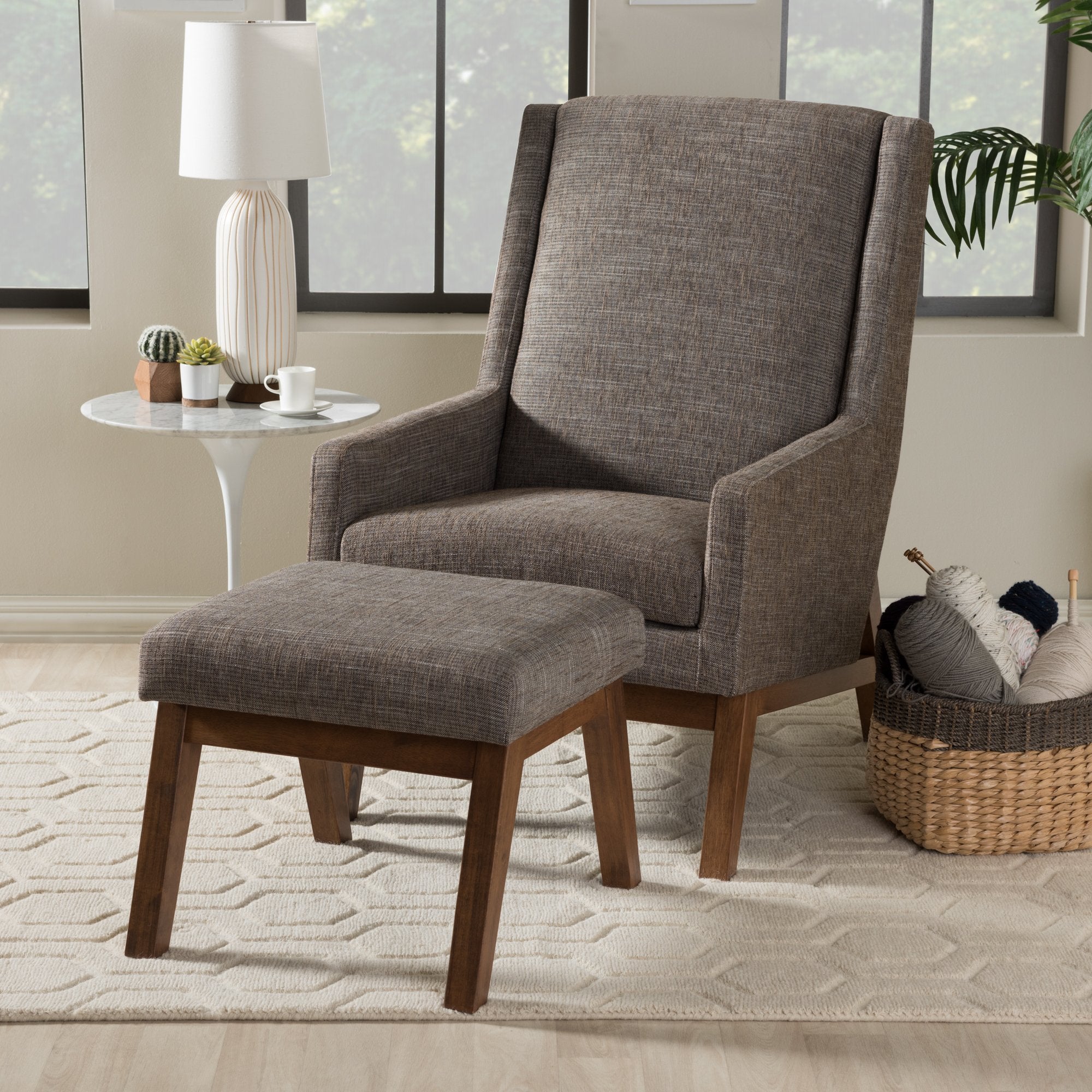 Baxton Studio Aberdeen Mid-Century Modern Walnut Wood Finishing and Gravel Fabric Upholstered Lounge Chair and Ottoman Set