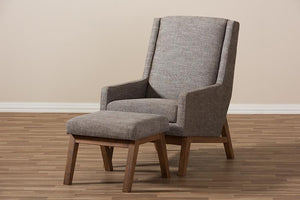 Baxton Studio Aberdeen Mid-Century Modern Walnut Wood Finishing and Gravel Fabric Upholstered Lounge Chair and Ottoman Set