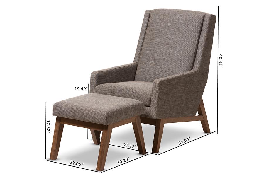 Baxton Studio Aberdeen Mid-Century Modern Walnut Wood Finishing and Gravel Fabric Upholstered Lounge Chair and Ottoman Set