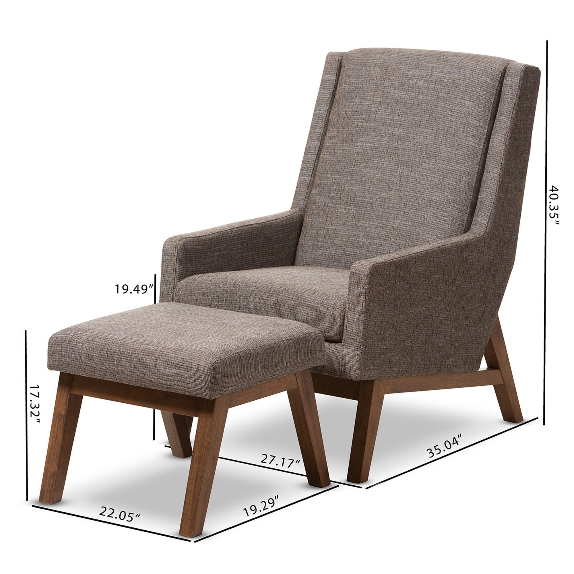 Baxton Studio Aberdeen Mid-Century Modern Walnut Wood Finishing and Gravel Fabric Upholstered Lounge Chair and Ottoman Set