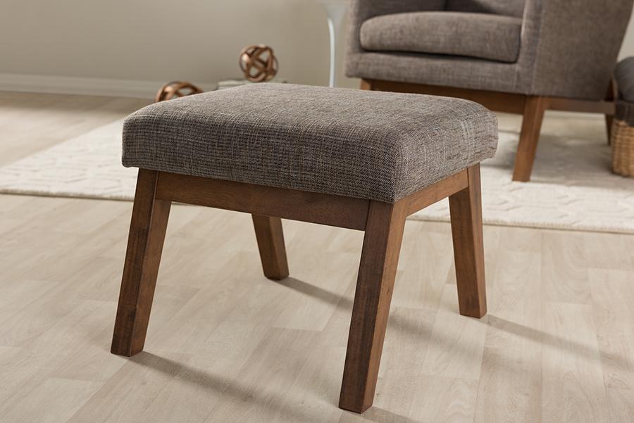 Baxton Studio Aberdeen Mid-Century Modern Walnut Wood Finishing and Gravel Fabric Upholstered Ottoman