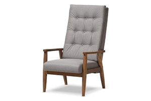 Baxton Studio Roxy Mid-Century Modern Walnut Brown Finish Wood and Grey Fabric Upholstered Button-Tufted High-Back Chair