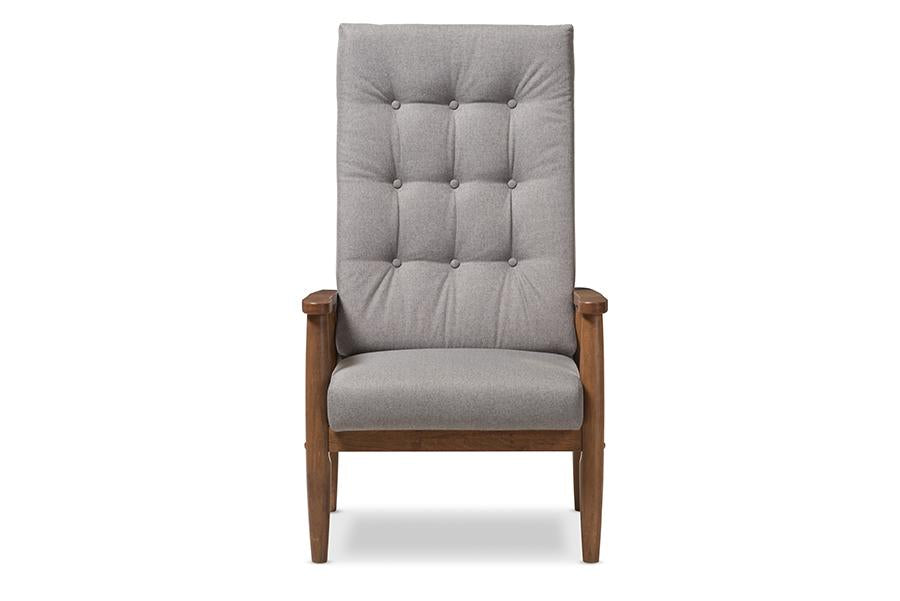 Baxton Studio Roxy Mid-Century Modern Walnut Brown Finish Wood and Grey Fabric Upholstered Button-Tufted High-Back Chair