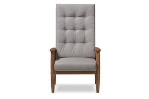 Baxton Studio Roxy Mid-Century Modern Walnut Brown Finish Wood and Grey Fabric Upholstered Button-Tufted High-Back Chair