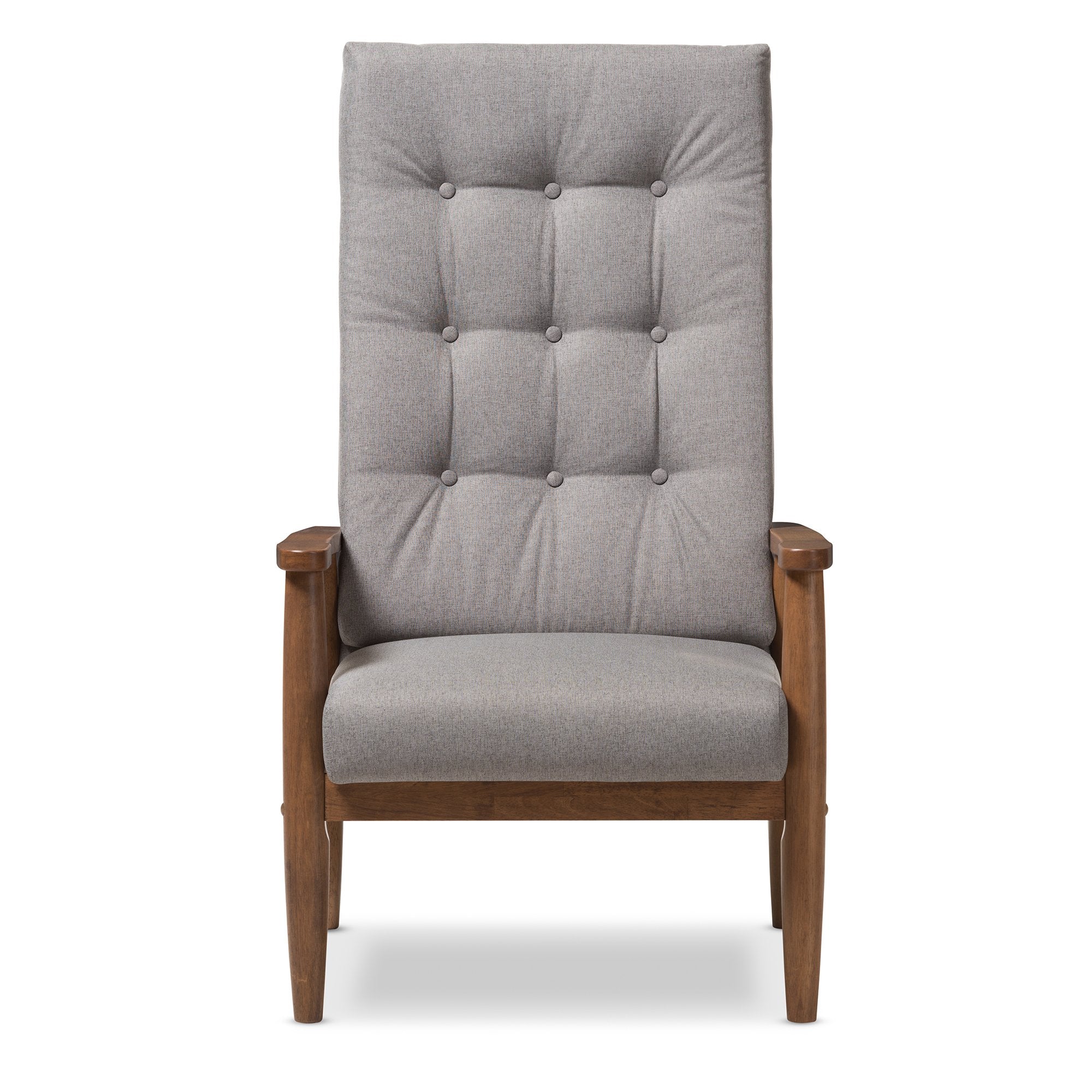 Baxton Studio Roxy Mid-Century Modern Walnut Brown Finish Wood and Grey Fabric Upholstered Button-Tufted High-Back Chair