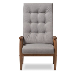 Baxton Studio Roxy Mid-Century Modern Walnut Brown Finish Wood and Grey Fabric Upholstered Button-Tufted High-Back Chair