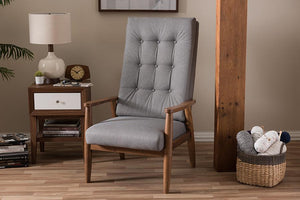 Baxton Studio Roxy Mid-Century Modern Walnut Brown Finish Wood and Grey Fabric Upholstered Button-Tufted High-Back Chair