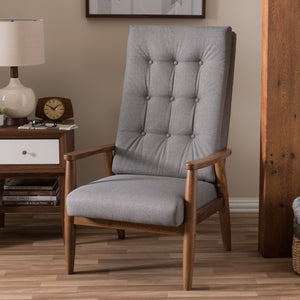 Baxton Studio Roxy Mid-Century Modern Walnut Brown Finish Wood and Grey Fabric Upholstered Button-Tufted High-Back Chair