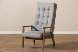 Baxton Studio Roxy Mid-Century Modern Walnut Brown Finish Wood and Grey Fabric Upholstered Button-Tufted High-Back Chair