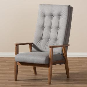 Baxton Studio Roxy Mid-Century Modern Walnut Brown Finish Wood and Grey Fabric Upholstered Button-Tufted High-Back Chair