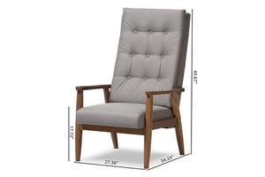 Baxton Studio Roxy Mid-Century Modern Walnut Brown Finish Wood and Grey Fabric Upholstered Button-Tufted High-Back Chair