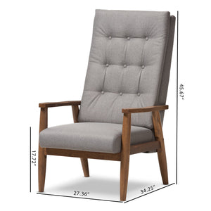 Baxton Studio Roxy Mid-Century Modern Walnut Brown Finish Wood and Grey Fabric Upholstered Button-Tufted High-Back Chair