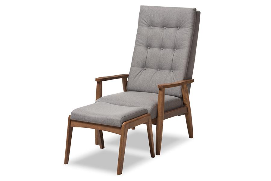 Baxton Studio Roxy Mid-Century Modern Walnut Wood Finishing and Grey Fabric Upholstered Button-Tufted High-Back Lounge Chair and Ottoman Set