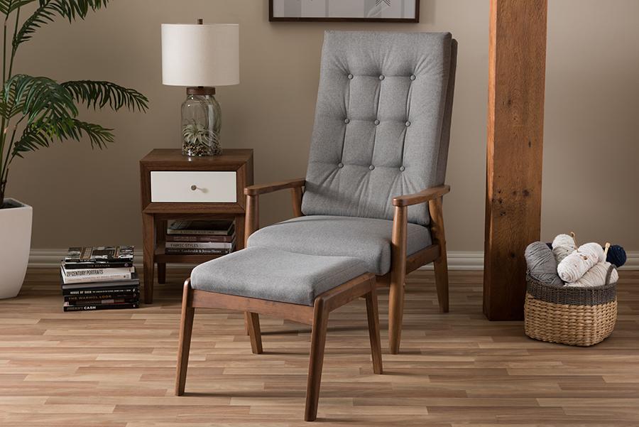 Baxton Studio Roxy Mid-Century Modern Walnut Wood Finishing and Grey Fabric Upholstered Button-Tufted High-Back Lounge Chair and Ottoman Set