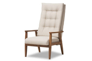 Baxton Studio Roxy Mid-Century Modern Walnut Brown Finish Wood and Light Beige Fabric Upholstered Button-Tufted High-Back Chair