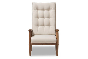 Baxton Studio Roxy Mid-Century Modern Walnut Brown Finish Wood and Light Beige Fabric Upholstered Button-Tufted High-Back Chair