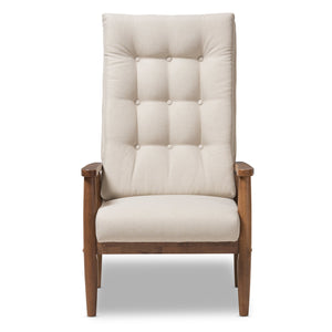 Baxton Studio Roxy Mid-Century Modern Walnut Brown Finish Wood and Light Beige Fabric Upholstered Button-Tufted High-Back Chair