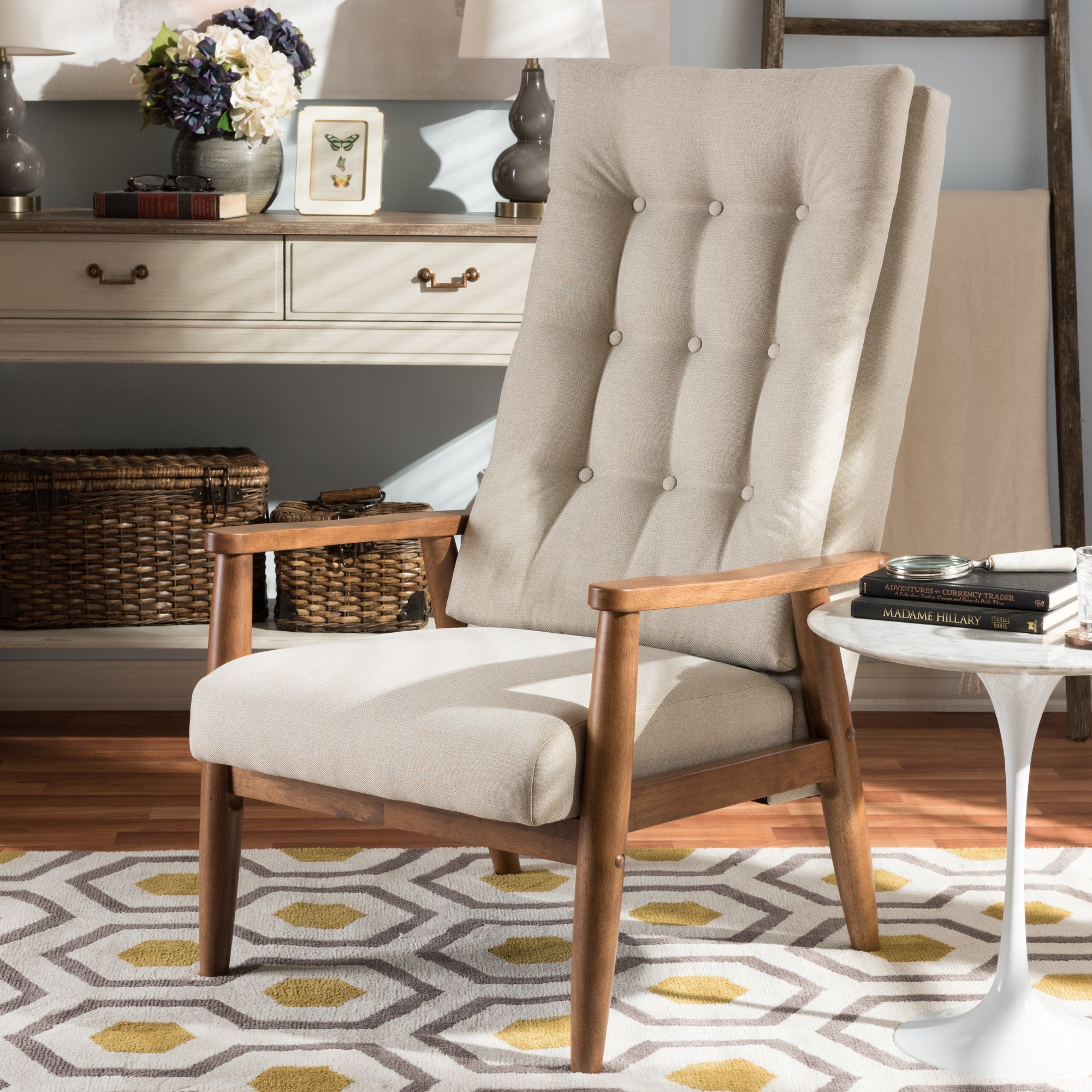 Baxton Studio Roxy Mid-Century Modern Walnut Brown Finish Wood and Light Beige Fabric Upholstered Button-Tufted High-Back Chair