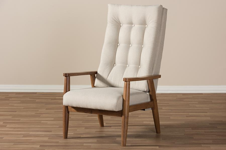 Baxton Studio Roxy Mid-Century Modern Walnut Brown Finish Wood and Light Beige Fabric Upholstered Button-Tufted High-Back Chair