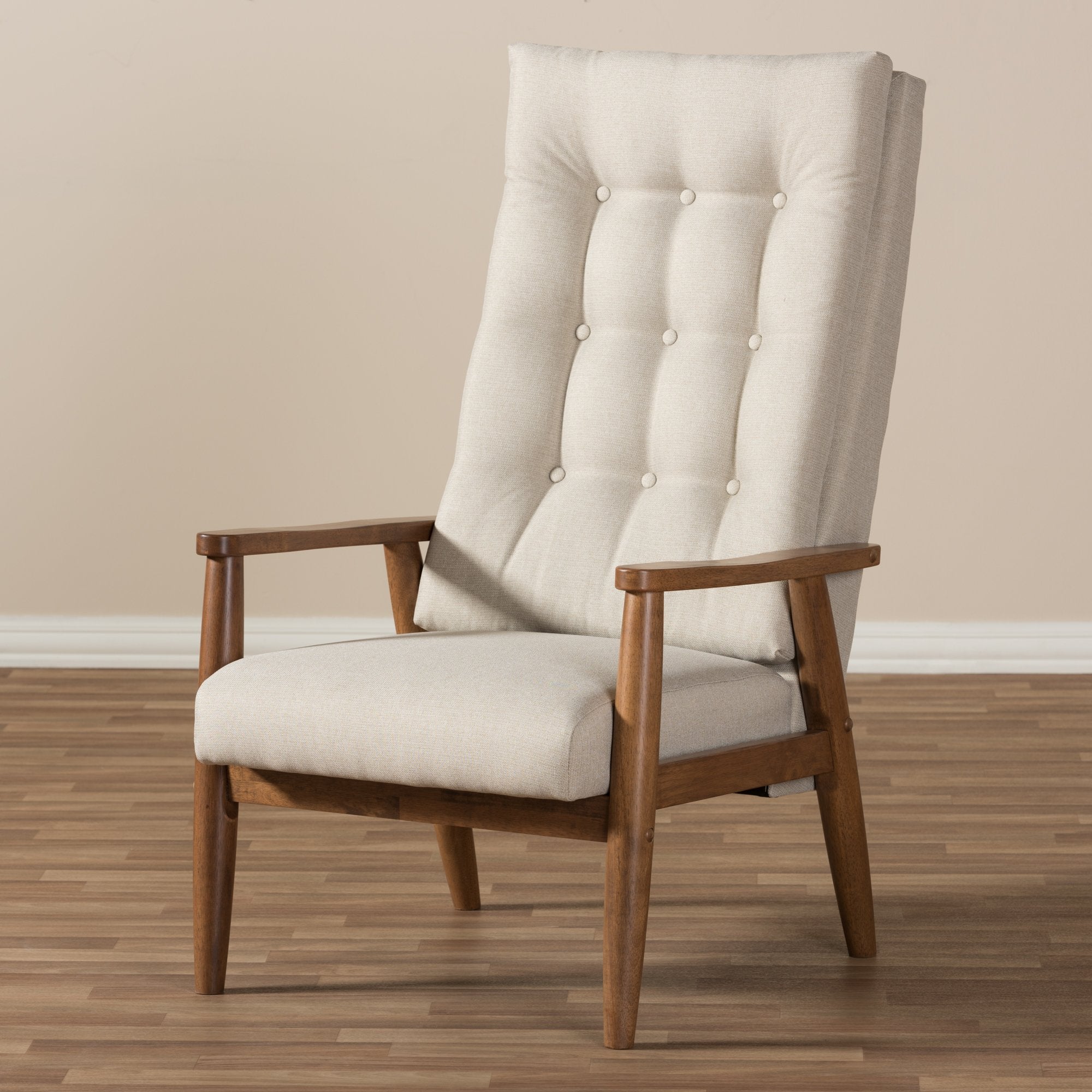 Baxton Studio Roxy Mid-Century Modern Walnut Brown Finish Wood and Light Beige Fabric Upholstered Button-Tufted High-Back Chair