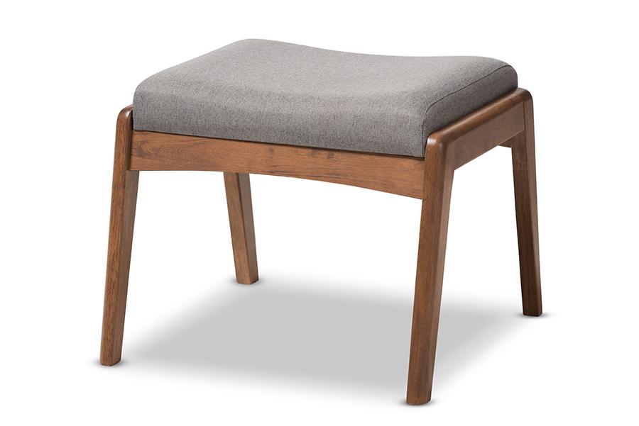 Baxton Studio Roxy Mid-Century Modern Walnut Wood Finishing and Grey Fabric Upholstered Ottoman