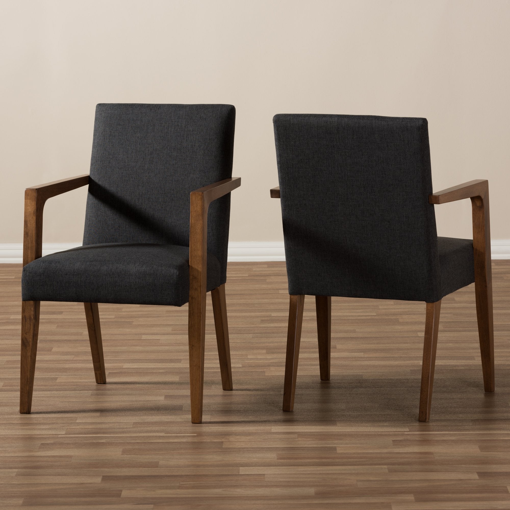 Baxton Studio Andrea Mid-Century Modern Dark Grey Upholstered Wooden Armchair (Set of 2)