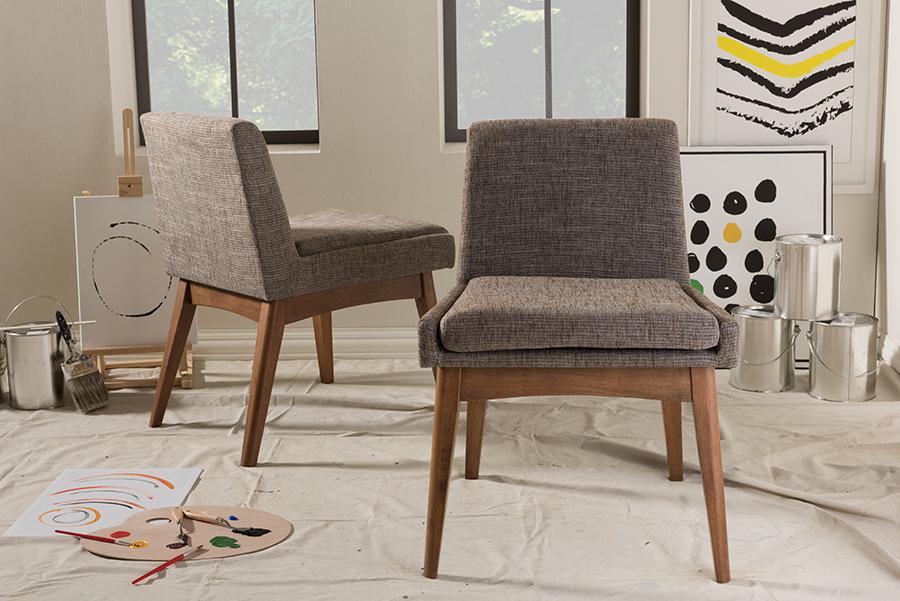 Baxton Studio Nexus Mid-Century Modern Walnut Wood Finishing and Gravel Fabric Upholstered Dining Side Chair (Set of 2)