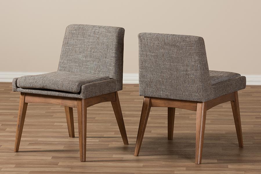 Baxton Studio Nexus Mid-Century Modern Walnut Wood Finishing and Gravel Fabric Upholstered Dining Side Chair (Set of 2)