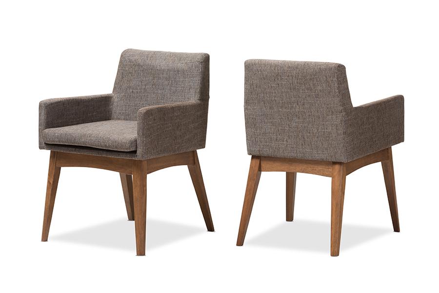 Baxton Studio Nexus Mid-Century Modern Walnut Wood Finishing and Gravel Fabric Upholstered Arm Chair (Set of 2)