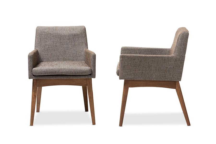 Baxton Studio Nexus Mid-Century Modern Walnut Wood Finishing and Gravel Fabric Upholstered Arm Chair (Set of 2)