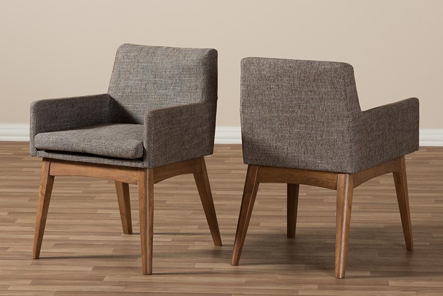 Baxton Studio Nexus Mid-Century Modern Walnut Wood Finishing and Gravel Fabric Upholstered Arm Chair (Set of 2)