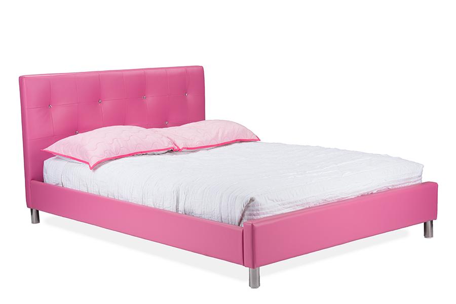 Baxton Studio Barbara Pink Leather Modern Full Size Bed with Crystal Button Tufting