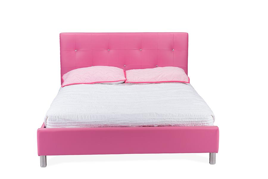 Baxton Studio Barbara Pink Leather Modern Full Size Bed with Crystal Button Tufting