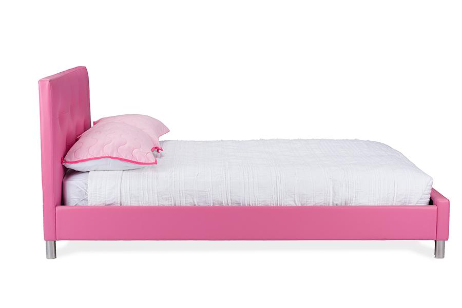 Baxton Studio Barbara Pink Leather Modern Full Size Bed with Crystal Button Tufting