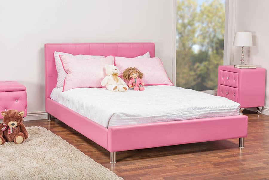 Baxton Studio Barbara Pink Leather Modern Full Size Bed with Crystal Button Tufting