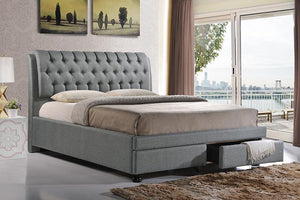 Baxton Studio Ainge Contemporary Button-Tufted Grey Fabric Upholstered Storage Queen-Size Bed with 2-drawer