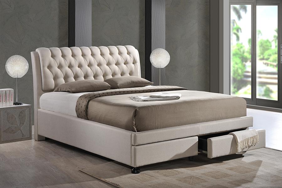 Baxton Studio Ainge Contemporary Button-Tufted Light Beige Fabric Upholstered Storage Queen-Size Bed with 2-drawer