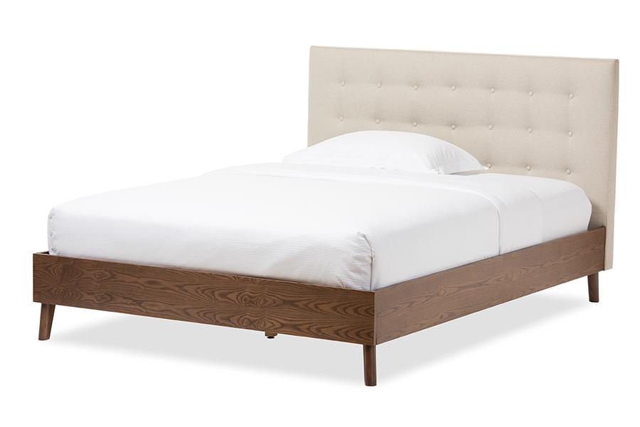 Baxton Studio Alinia Mid-century Retro Modern Light Beige Fabric Upholstered Walnut Wood Queen Size Platform Bed