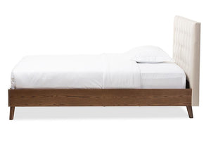 Baxton Studio Alinia Mid-century Retro Modern Light Beige Fabric Upholstered Walnut Wood Full Size Platform Bed