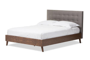 Baxton Studio Alinia Mid-century Retro Modern Grey Fabric Upholstered Walnut Wood Queen Size Platform Bed