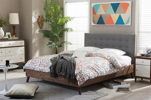 Baxton Studio Alinia Mid-century Retro Modern Grey Fabric Upholstered Walnut Wood Full Size Platform Bed