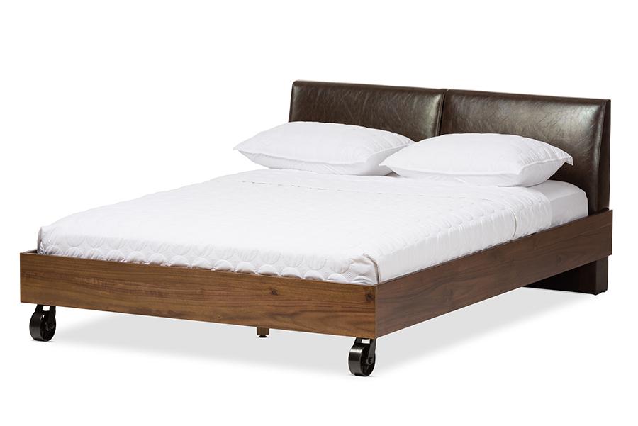 Baxton Studio Brooke Rustic Industrial Walnut Wood Distressed Faux Leather Dark Bronze Metal Queen Size Platform Bed