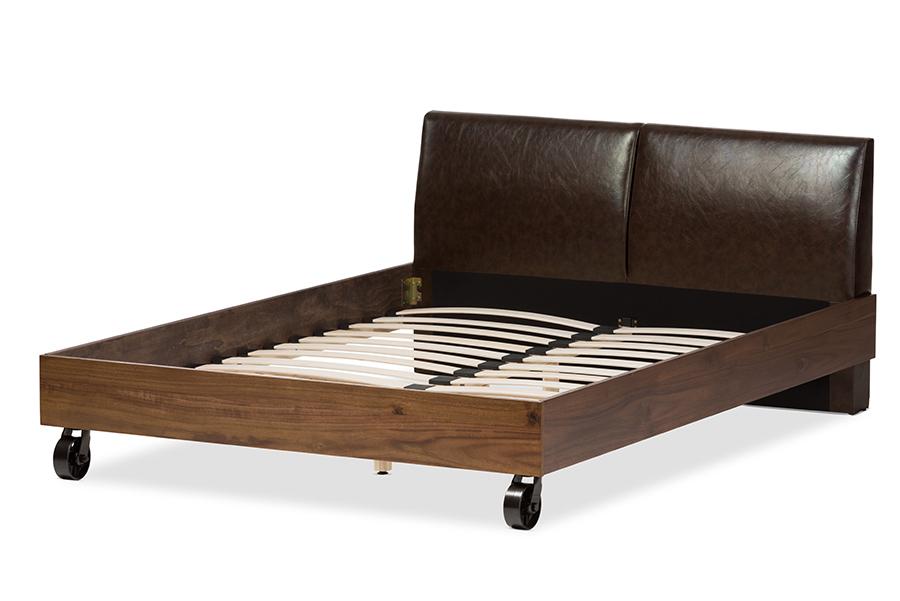 Baxton Studio Brooke Rustic Industrial Walnut Wood Distressed Faux Leather Dark Bronze Metal Full Size Platform Bed