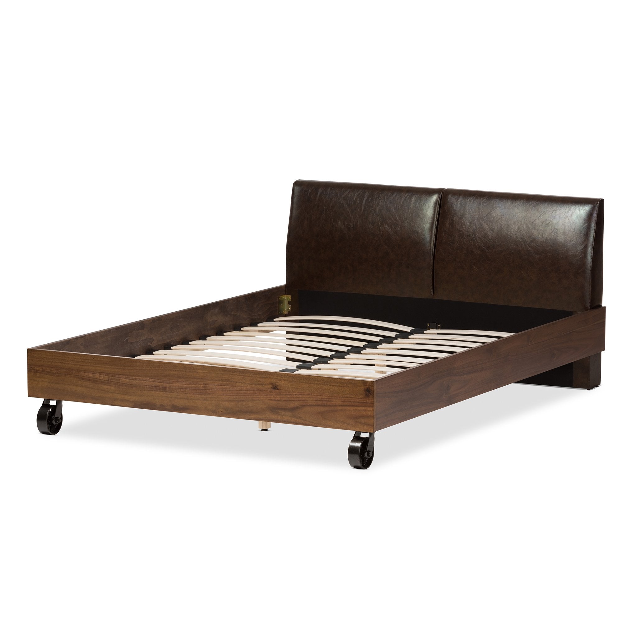 Baxton Studio Brooke Rustic Industrial Walnut Wood Distressed Faux Leather Dark Bronze Metal King Size Platform Bed